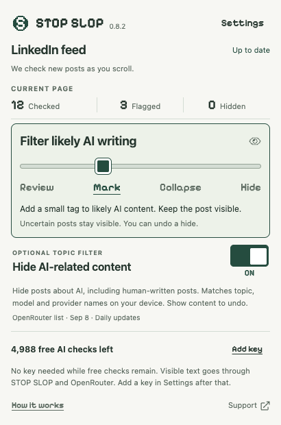 STOP SLOP 0.8.2 popup with the AI writing slider, separate AI-topic switch and monthly cloud allowance